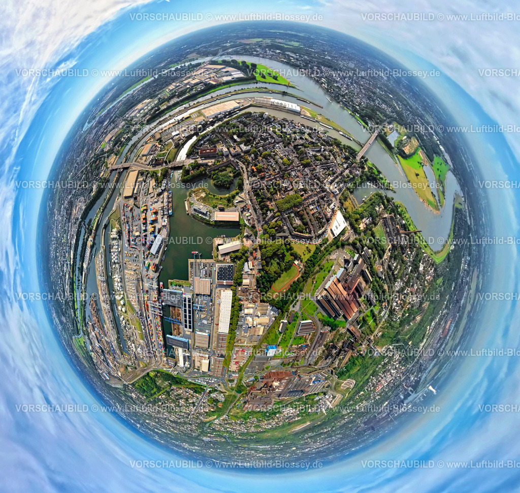 Duisburg250903969 | Luftbild, Ruhrort Ortsteil mit Terminal Ruhrort, Hafen Duisburg und Ruhrmündung in den Fluss Rhein, Erdkugel, Fisheye Aufnahme, Fischaugen Aufnahme, 360 Grad Aufnahme, tiny world, little planet, fisheye Bild, Ruhrort, Duisburg, Ruhrgebiet, Nordrhein-Westfalen, Deutschland