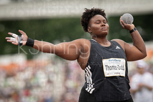 Golden Oval; Dresden, 31.05.2026 | DRESDEN , GERMANY - MAY 31:  Danniel Thomas-Dodd (JAM / Jamaica) competes in the women’s shot put during the Golden Oval Continental Tour Silver meeting on May 31, 2026 at Heinz-Steyer-Stadion in Dresden, Saxony, Germany.