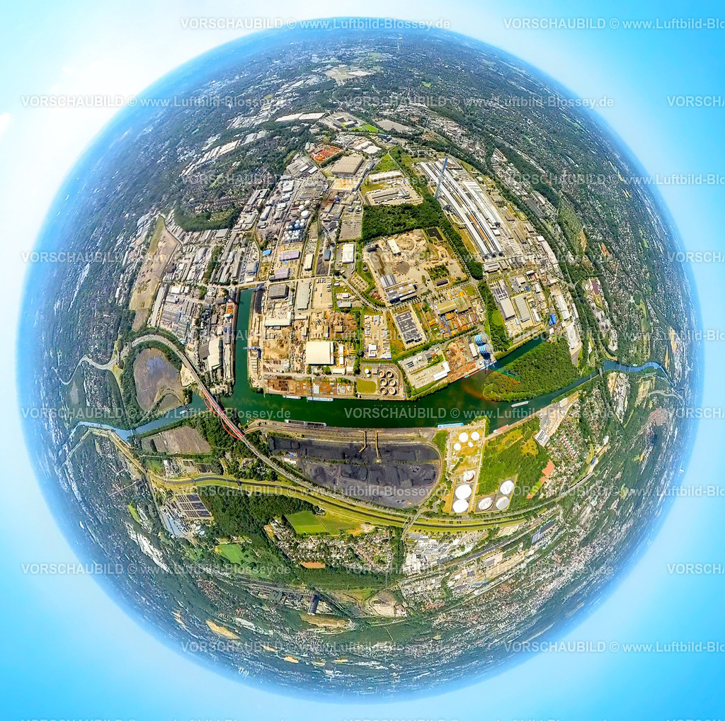 Essen230790067_Hafen | Luftbild, Stadthafen und Gewerbepark Hafenstraße, Erdkugel, Fisheye Aufnahme, Fischaugen Aufnahme, 360 Grad Aufnahme, tiny world, Bergeborbeck, Essen, Ruhrgebiet, Nordrhein-Westfalen, Deutschland