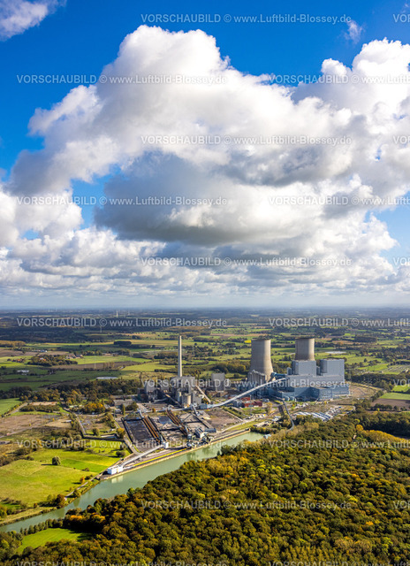 Hamm241008226 | Luftbild, RWE Kraftwerk Westfalen, E-Werk, Fernsicht und blauer Himmel mit Wolken, Uentrop, Hamm, Ruhrgebiet, Nordrhein-Westfalen, Deutschland