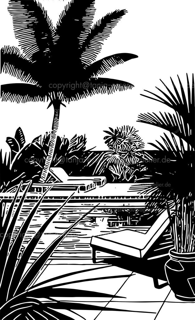 Am Pool D | Silhouetten einer Szene am Pool. Liegen stehen neben dem Pool. Palmen spenden Schatten. Icon aus schwarzen Linien vor weißem Hintergrund.