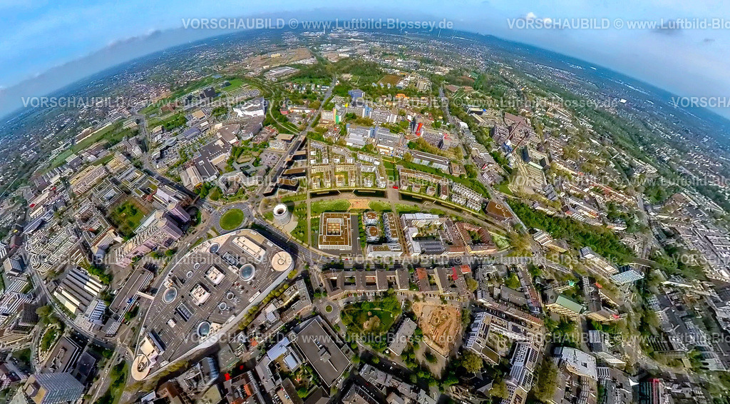 Essen240490062FunkeMedien_Universitaet_ECE-LimbeckerPlatz | Luftbild, Funke Medien Gruppe Medienhaus, Universität Duisburg-Essen, Universitätsviertel Grüne Mitte PIER 78 Wohnquartier, Limbecker Platz Einkaufszentrum, Erdkugel, Fisheye Aufnahme, Fischaugen Aufnahme, 360 Grad Aufnahme, tiny world, little planet, fisheye Bild, Westviertel, Essen, Ruhrgebiet, Nordrhein-Westfalen, Deutschland