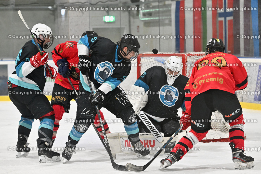 Lendhafen Seelöwen vs. Spartans Althofen | #89 Pirmann Markus Spartans Althofen, #37 Juch Lukas Lendhafen Seelöwen, #55 Widnig David Lendhafen Seelöwen, #96 Kasper Peter Lendhafen Seelöwen, Lendhafen Seelöwen vs. Spartans Althofen, Lendhafen Seelöwen vs. Spartans Althofen am 14.02.2025 in Ferlach (HTC Eishalle Ferlach), Austria, (Photo by Bernd Stefan)