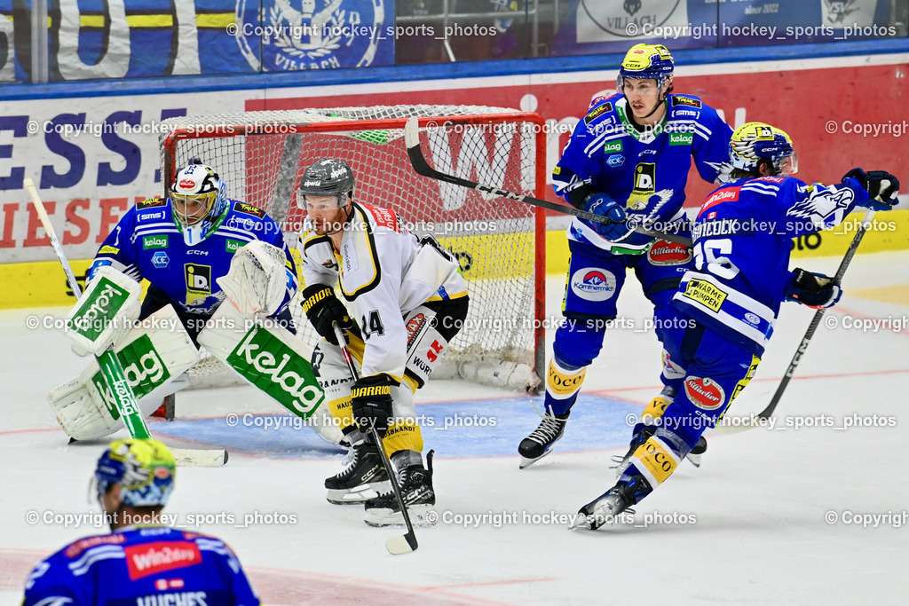 EC IDM Wärmepumpen VSV vs. HC Pustertal 8.10.2023 | #1 Jean-Philippe Lamoureux EC VSV, #24 SILL Zach HC Pustertal, #2 MACPHERSON Dylan EC VSV, #16 Kevin Hancock EC VSV, EC IDM Wärmepumpen VSV vs. HC Pustertal 8.10.2023, EC IDM Wärmepumpen VSV vs. HC Pustertal am 08.10.2023 in Villach (Stadthalle Villach), Austria, (Photo by Bernd Stefan)