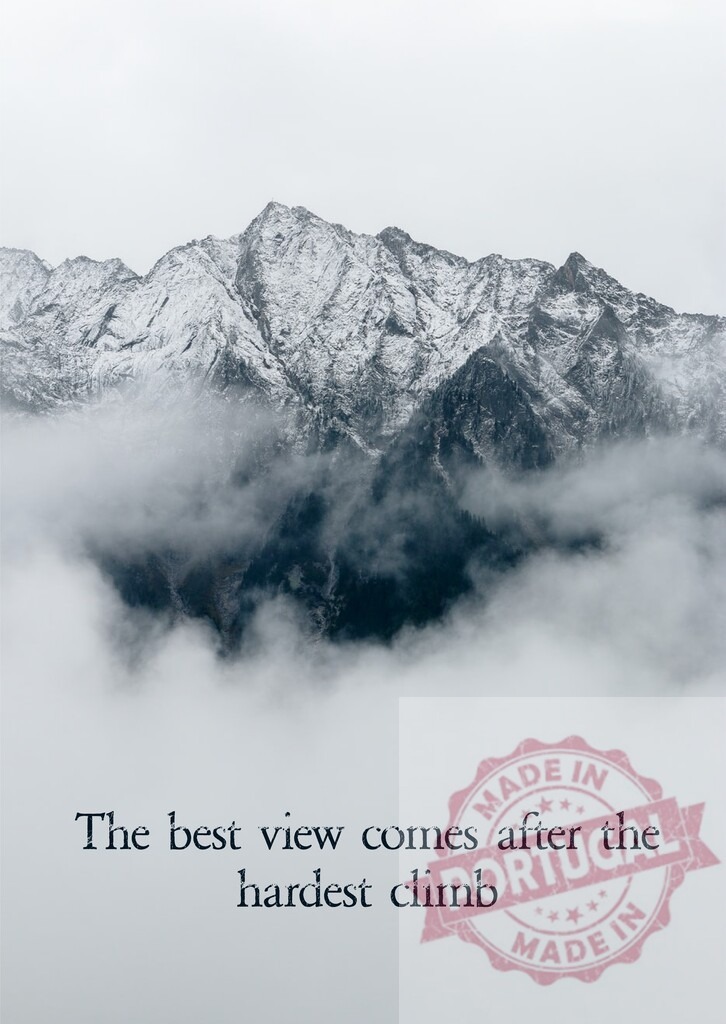 Snowy mountains with fog and The best view comes after the hardest climb quote. T-Shirt design | Snowy mountain peaks rising above dense fog, illustrating a quote about overcoming challenges - Realized with Pictrs.com