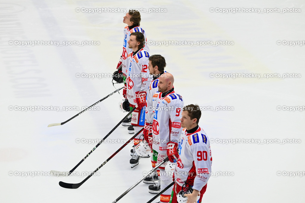 EC IDM WÄRMEPUMPEN VSV vs. EC KAC | Starting six EC KAC, #90 Fraser Matthew EC KAC, #9 Mursak Jan EC KAC, #12 Maier David EC KAC, EC IDM WÄRMEPUMPEN VSV vs. EC KAC, EC IDM WÄRMEPUMPEN VSV vs. EC KAC am 02.02.2025 in Villach (Stadthalle Villach), Austria, (Photo by Bernd Stefan)