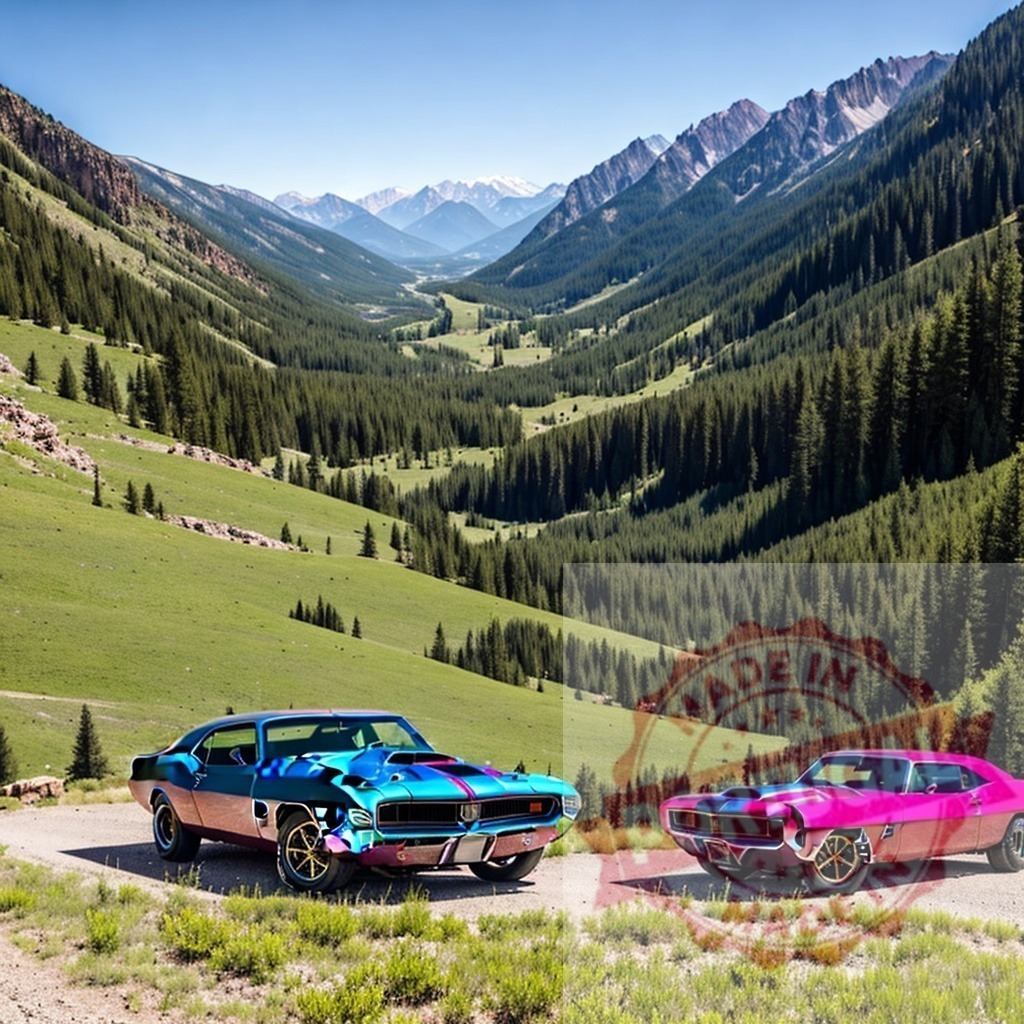 Colorful muscle cars parked in mountain valley. AI Experiments | Two custom muscle cars showcasing vibrant colors on a scenic road trip through a mountain valley - Realisiert mit Pictrs.com