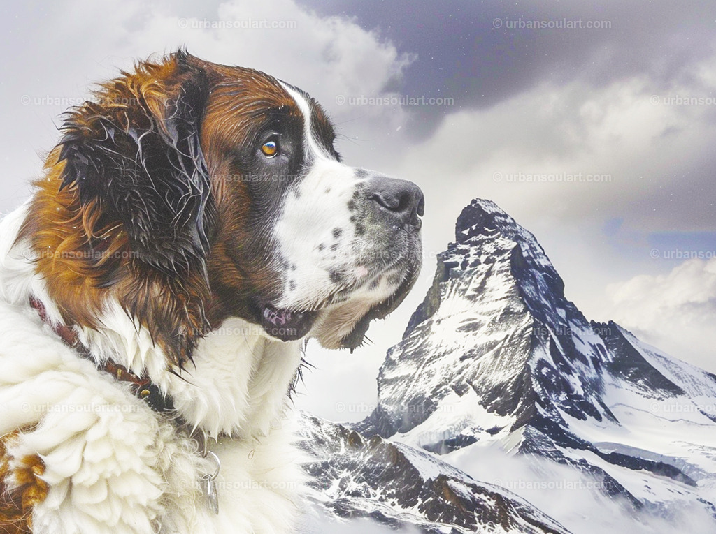 St Bernard Dog In The Alps | A majestic St. Bernard in the snowy Alps, showcasing the iconic rescue dog’s strength and loyalty amidst a rugged mountain landscape. Ideal for lovers of adventure, nature, and the St. Bernard breed. - Realisiert mit Pictrs.com