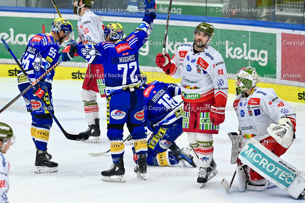 EC VSV vs. HC Bozen 16.2.2024 | Jubel EC VSV, #44 Valentine Scott, #16 Kevin Hancock,  #55 Vandane Davis, #55 SABOLIC Robert,  #72 HUGHES John,EC VSV vs. HC Bozen 16.2.2024, EC VSV vs. HC Bozen 16.2.2024 am 16.02.2024 in Villach (Stadthalle Villach), Austria, (Photo by Bernd Stefan)