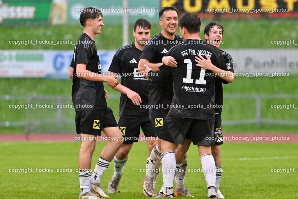 SV Rapid Lienz vs. URC Thal Assling | #11 Pascal Oliver Kofler Thal Assling, Jubel Thal Assling Mannschaft, #22 Samuel Stephan Schönegger Thal Assling, #13 Philipp Perfler Thal Assling, SV Rapid Lienz vs. URC Thal Assling, SV Rapid Lienz vs. URC Thal Assling am 08.06.2024 in Lienz (Dolomiten Satadion), Austria, (Photo by Bernd Stefan)