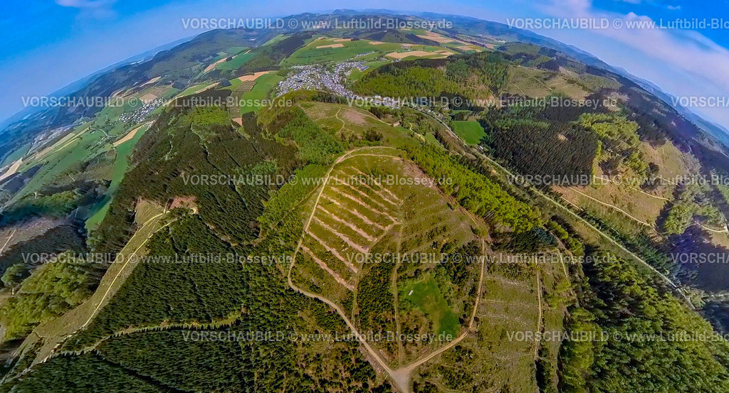 Schmallenberg240590299aBoedefeld_Kalamitaetsflaeche | Luftbild, Kalamitätsflächen bei Bödefeld, Massenvermehrung von tierischen und pflanzlichen Schädlingen in Pflanzenkulturen, Waldschäden, Erdkugel, Fisheye Aufnahme, Fischaugen Aufnahme, 360 Grad Aufnahme, tiny world, little planet, fisheye Bild, Bödefeld, Schmallenberg, Sauerland, Nordrhein-Westfalen, Deutschland