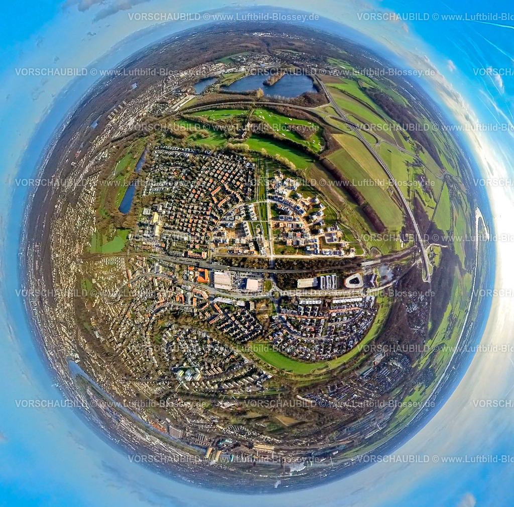 Duisburg2301fish0003AngerbogenHuckingen-2 | Luftbild, Angerbogen Wohnsiedlung, Fisheye Aufnahme, Fischaugen Aufnahme, 360 Grad Aufnahme, Huckingen, Duisburg, Ruhrgebiet, Nordrhein-Westfalen, Deutschland