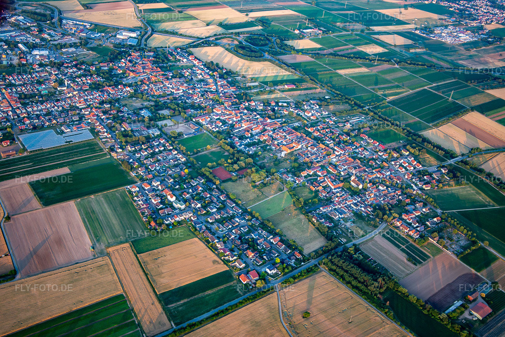 Luftbild: Ortsansicht von Westen in Schwegenheim im Bundesland Rheinland-Pfalz in Deutschland. Foto: IMG_137257.jpg vom 24.06.2023 durch Werner Riehm/FLY-FOTO.de
