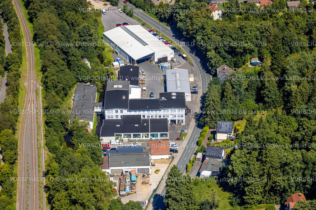 Kierspe250812943 | Luftbild, Gewerbegebiet Volmestraße mit CAWI Oberflächenbearbeitung GmbH, Kierspe Bahnhof, Kierspe, Sauerland, Nordrhein-Westfalen, Deutschland