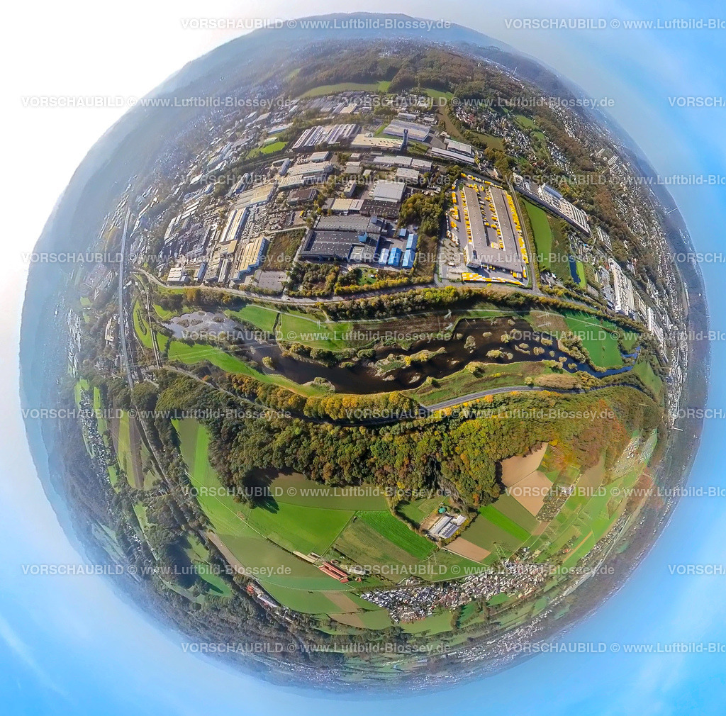 Hagen20221020_16_Lenne-Renaturierung | Luftbild, Fluss Lenne Renaturierung, Gewerbegebiet Lennetal Buschmühlenstraße, Fisheye Aufnahme, Fischaugen Aufnahme, 360 Grad Aufnahme, Lennetal, Hagen, Ruhrgebiet, Nordrhein-Westfalen, Deutschland