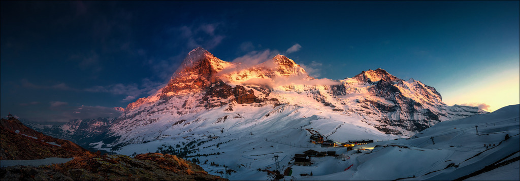 Eiger, Mönch und Jungfrau | Am Abend wird es ruhig auf der kleinen Scheidegg; die letzten Bahnen und Skifahrer sind ins Tal gefahren und das letzte Licht fällt auf Eiger, Mönch und Jungfrau.
-----------------------------------------------
In the evening it gets quiet on the Kleine Scheidegg; the last railways and skiers have gone down to the valley and the last light falls on Eiger, Mönch and Jungfrau.
-----------------------------------------------
Dieser Druck ist in einer limitierten Auflage von 5 Exemplaren erhältlich. 
This print is available in a limited edition of 5 copies. 
http://art.hess.photography/44-eiger-moench-und-jungfrau.html - Realisiert mit Pictrs.com