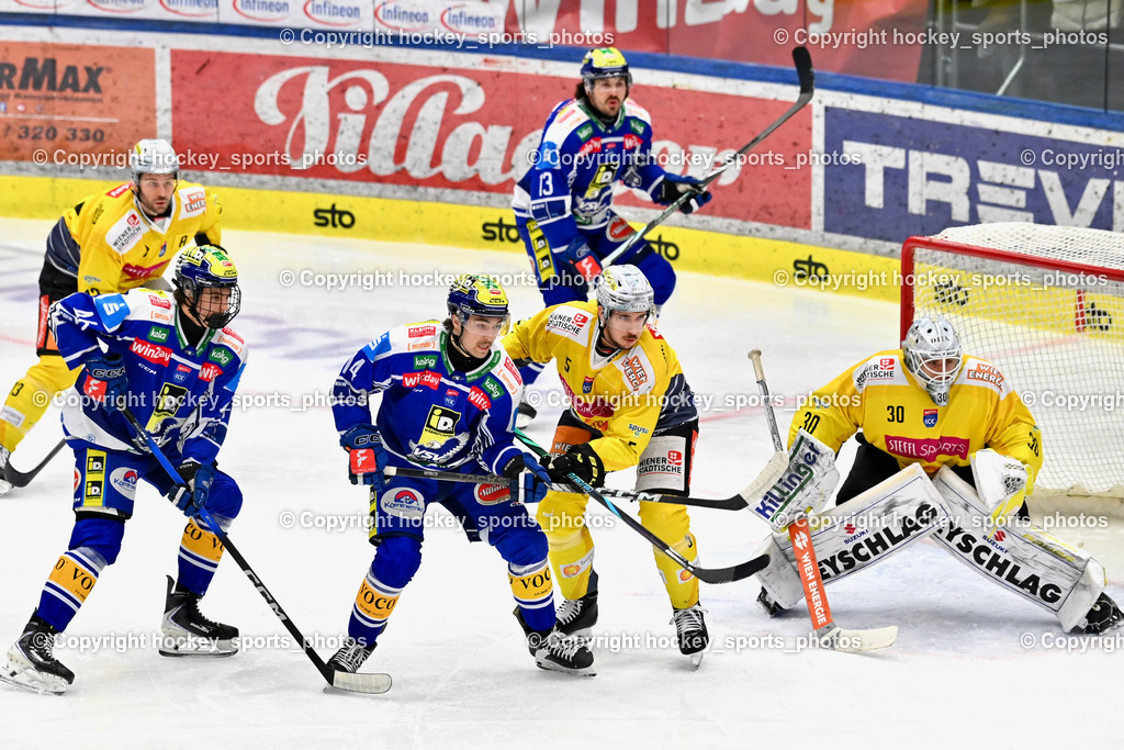 EC IDM Wärmepumpen VSV vs. Vienna Capitals | #30 Sebastian Wraneschitz Vienna Capitals, #5 Dominic Hackl Vienna Capitals, #14 Johannes Tschurnig EC VSV, #13 Adam Helewka EC VSV, #46 Paul Sintschnig EC VSV, EC IDM Wärmepumpen VSV vs. Vienna Capitals, EC IDM Wärmepumpen VSV vs. Vienna Capitals am 28.01.2026 in Villach (Stadthalle Villach), Austria, (Photo by Bernd Stefan)