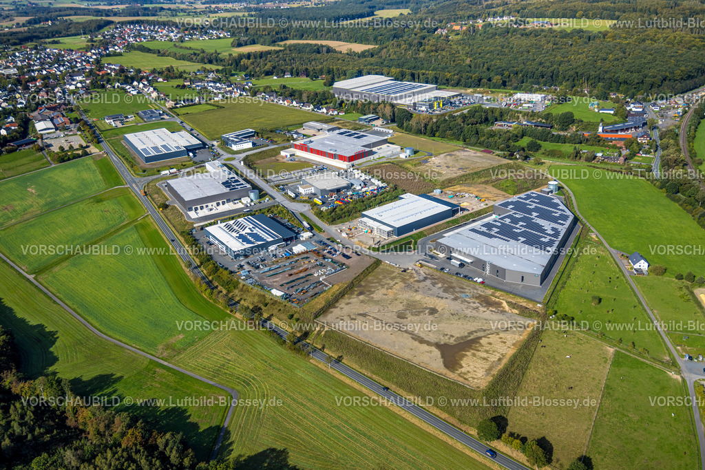 Arnsberg230904283 | Luftbild, Gewerbegebiet Gut-Nierhof II Vosswinkel, Umarex Logistikzentrum, Baustelle und Neubau, Voßwinkel, Arnsberg, Sauerland, Nordrhein-Westfalen, Deutschland