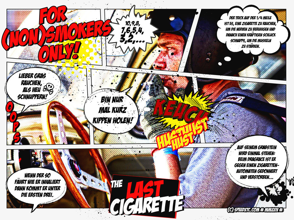 The last cigarette | Der Rennpilot steckt sich seine letzte Zigarette an, dabei schießen ihm die spitzfindigsten Gedanken durch den Kopf. Das Comic-Wandbild verdeutlicht die Szene mit lustigen Sprechblasen. Ein hochwertiges Wandbild in brillanter Druckqualität auf Acrylglas, Alu-Dibond, Leinwand und vielen weiteren Wandprodukten perfekte geeignet für Ihr Ambiente. - Realisiert mit Pictrs.com