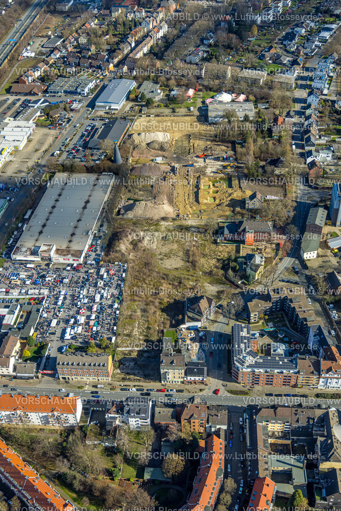 Herne230211989 | Luftbild, Baustelle und geplanter Neubau von Reihenhäusern auf dem ehem. Knipping Dorn Gelände, zwischen Rewe und PLANB-Familienzentrum Kinderwelt, Trödelmarkt am Rewe, Baukau, Herne, Ruhrgebiet, Nordrhein-Westfalen, Deutschland