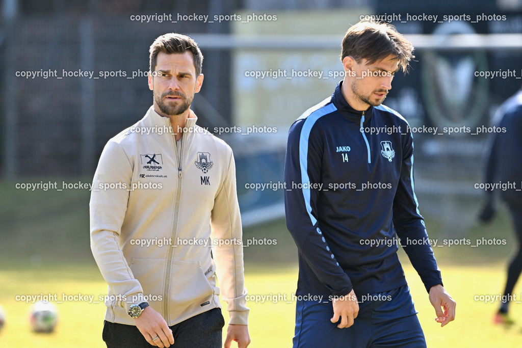 ATUS Velden vs. SPG LASK Amateure OÖ | Headcoach ATUS Velden Marcel Günther Kuster, #14 Thorsten Mahrer ATUS Velden, ATUS Velden vs. SPG LASK Amateure OÖ, ATUS Velden vs. SPG LASK Amateure OÖ am 07.03.2026 in Velden (Wald Arena Velden), Austria, (Photo by Bernd Stefan)