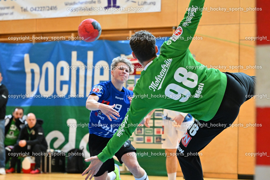 SC Ferlach vs. ALPLA HC Hard 2.3.2024 | #9 SAGER Nico SC Ferlach, #98 MÖSTL Constantin HC Hard, SC Ferlach vs. ALPLA HC Hard 2.3.2024, SC Ferlach vs. ALPLA HC Hard am 02.03.2024 in Ferlach (Ballspielhalle Ferlach), Austria, (Photo by Bernd Stefan)