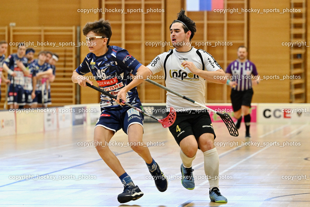 FBK Loka vs. VSV Unihockey | #4 Maj Oman FBK Loka, #46 Elias Kronig VSV Unihockey, FBK Loka vs. VSV Unihockey, FBK Loka vs. VSV Unihockey am 23.03.2025 in Villach (Ballspielhalle St. Martin), Austria, (Photo by Bernd Stefan)