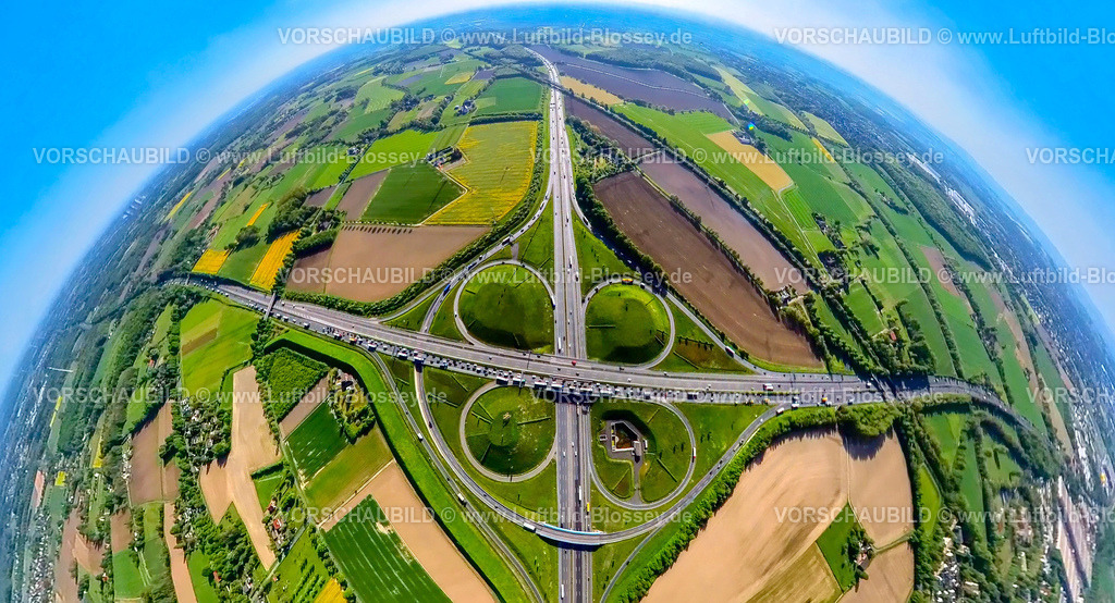 Kamen240590167KamenerKreuz | Luftbild, Kamener Kreuz, Autobahnkreuz der Autobahn A1 und Autobahn A2, Wiesen und Felder, Erdkugel, Fisheye Aufnahme, Fischaugen Aufnahme, 360 Grad Aufnahme, tiny world, little planet, fisheye Bild, Kamen, Ruhrgebiet, Nordrhein-Westfalen, Deutschland