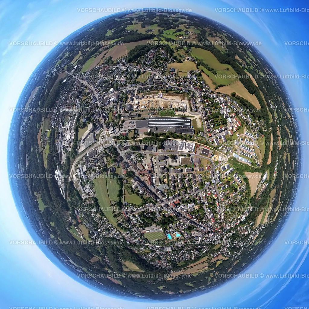 Sprockhoevel20220823Mitte1 | Luftbild, Stadtansicht Mitte Sprockhövel, Fisheye Aufnahme, Fischaugen Aufnahme, 360 Grad Aufnahme, Niedersprockhövel, Sprockhövel, Ruhrgebiet, Nordrhein-Westfalen, Deutschland