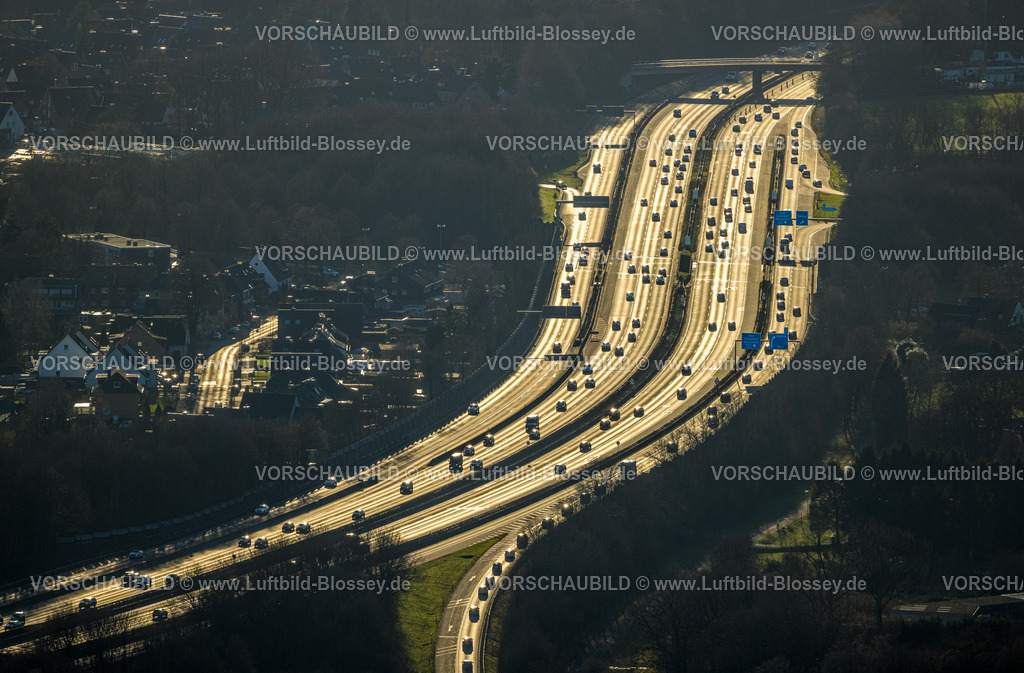 Bottrop240107966 | Luftbild, Autobahn A2 Dreieck Bottrop Straßenverkehr im Gegenlicht zur Goldenen Stunde, Stadtwald, Bottrop, Ruhrgebiet, Nordrhein-Westfalen, Deutschland