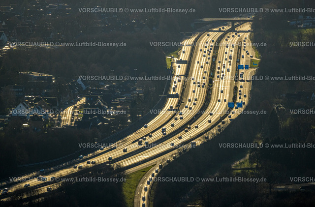 Bottrop240107966 | Luftbild, Autobahn A2 Dreieck Bottrop Straßenverkehr im Gegenlicht zur Goldenen Stunde, Stadtwald, Bottrop, Ruhrgebiet, Nordrhein-Westfalen, Deutschland