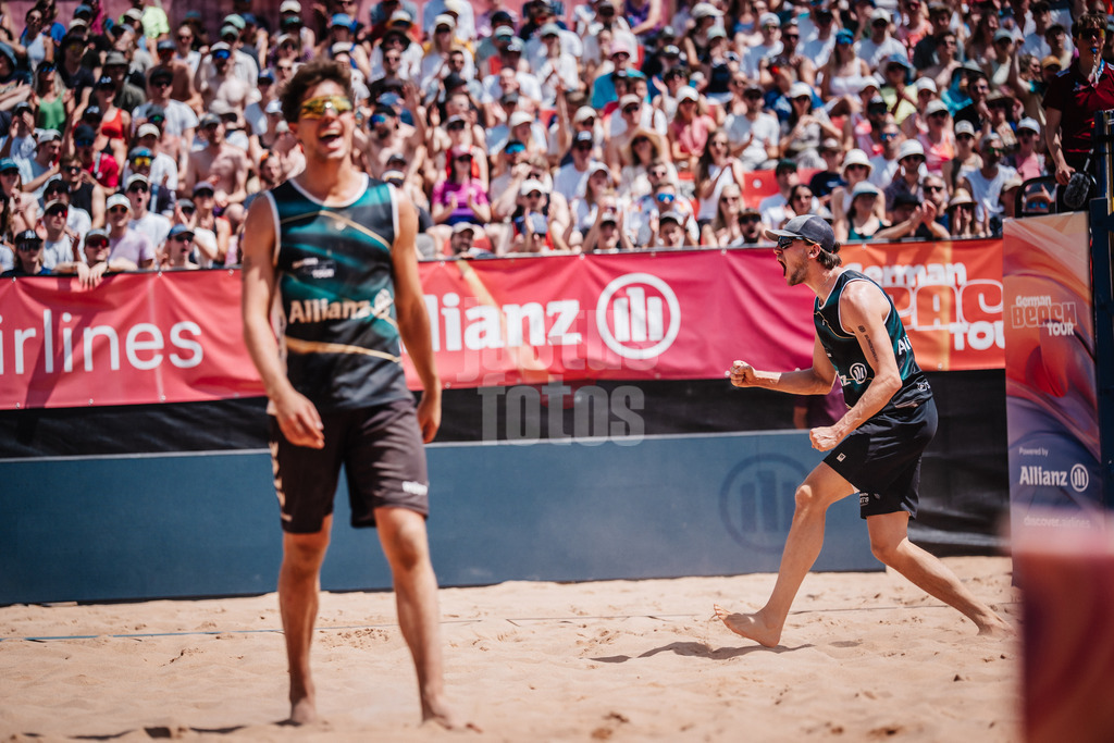 Beachvolleyball | Männer | Allianz German Beach Tour 2025 | Tourstop München | 13.07.2025 | v.l. Lui Wüst und Paul Henning jubeln