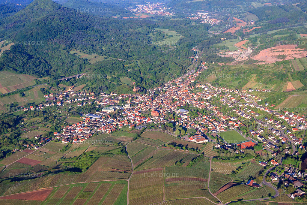 Luftbild: Winzerdorf am Morgen von Nordosten in Albersweiler im Bundesland Rheinland-Pfalz in Deutschland. Foto: IMG_64737.jpg vom 04.05.2014 durch Werner Riehm/FLY-FOTO.de