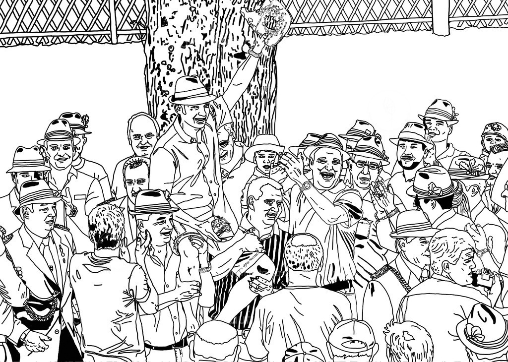 Schuetzenfest | Illustration eines Briloner Ereignisses. Der Schützenkönig wurde durch Vogelschießen ermittelt und wird von den Schützen hoch gehoben. Traditionelles Volksfest. Außenlinien zum Ausmalen oder Colorieren.