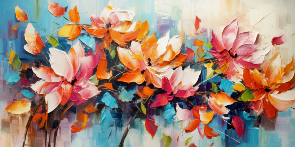 2307204 - Buntes Blumengesteck | Modernes digitales Blumengemälde auf Leinwand. Bestellen Sie dieses Motiv als hochwertigen Kunstdruck auf Leinwand, Acrylglas, Alu-Dibond oder als Poster.