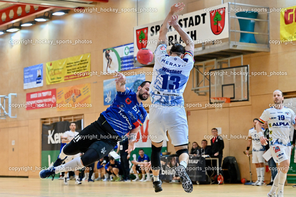SC Ferlach vs. ALPLA HC Hard 2.3.2024 | #81 MILICEVIC Adrian SC Ferlach, #13 WÜSTNER Frederic HC Hard, #19 SCHNABL Nico HC Hard, SC Ferlach vs. ALPLA HC Hard 2.3.2024, SC Ferlach vs. ALPLA HC Hard am 02.03.2024 in Ferlach (Ballspielhalle Ferlach), Austria, (Photo by Bernd Stefan)
