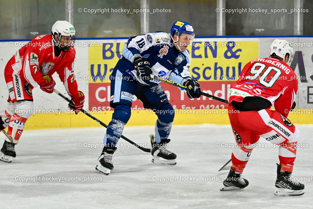 ESC Steindorf vs. ESV Ferlach | #21 Felsberger Andreas ESV Ferlach, #18 Pewal Martin ESC Steindorf, #90 Schubernig Markus ESV Ferlach, ESC Steindorf vs. ESV Ferlach, ESC Steindorf vs. ESV Ferlach am 19.10.2024 in Steindorf (Ossiachersee Halle), Austria, (Photo by Bernd Stefan)