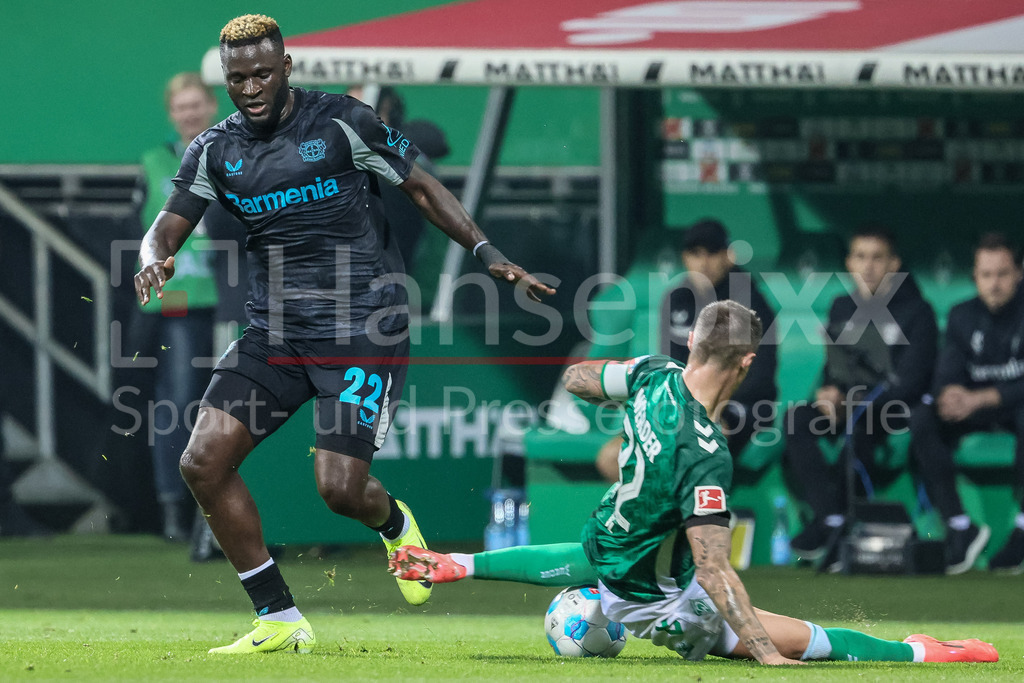 Fussball, Bundesliga, SV Werder Bremen - Bayer 04 Leverkusen | v.li.: Victor Boniface (Bayer 04 Leverkusen, 22) und Marco Friedl (SV Werder Bremen, 32) im Zweikampf, Duell, Dynamik, Aktion, Action, Spielszene, DIE DFL-RICHTLINIEN UNTERSAGEN JEGLICHE NUTZUNG VON FOTOS ALS SEQUENZBILDER UND/ODER VIDEOÄHNLICHE FOTOSTRECKEN. DFL REGULATIONS PROHIBIT ANY USE OF PHOTOGRAPHS AS IMAGE SEQUENCES AND/OR QUASI-VIDEO.