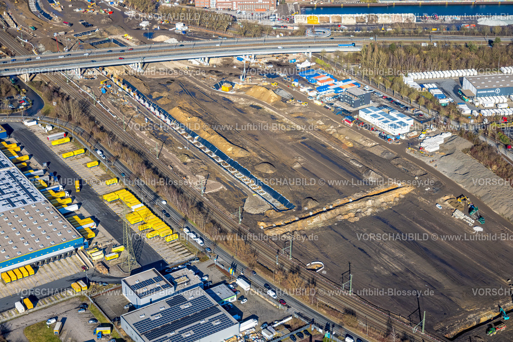 Dortmund260200179 | Luftbild, Gewerbegebiet Baugebiet Union zwischen Heinrich-August-Schulte-Straße und Westfaliastraße am Hafen, ehemaliger Güterbahnhof und Deutsche Bahn AG, Brücke Mallinckrodtstraße, Gelände für geplantes neues ICE-Werk am Dortmunder Hafen, Dorstfelder Brücke, Dortmund, Ruhrgebiet, Nordrhein-Westfalen, Deutschland