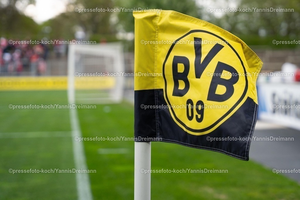 xydr13042501058 | 13.04.2025, xydrx, Fußball, Borussia Dortmund II - FC Energie Cottbus, 3.Liga, Stadion Rote Erde, Saison 2024 2025: Eckfahne mit BVB09 Logo, Feature, DFB regulations prohibit any use of photographs as image sequences and or quasi-video.
