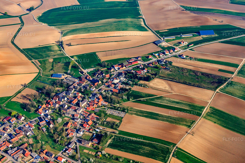 Vue aérienne: Vue d'ensemble du village depuis le sud à Siegen dans le département Bas Rhin, France – .Photo: IMG_63821.jpg prise le 30/03/2014 par Werner Riehm/FLY-FOTO.eu – Résolution de l'original: 4752 x 3168 px