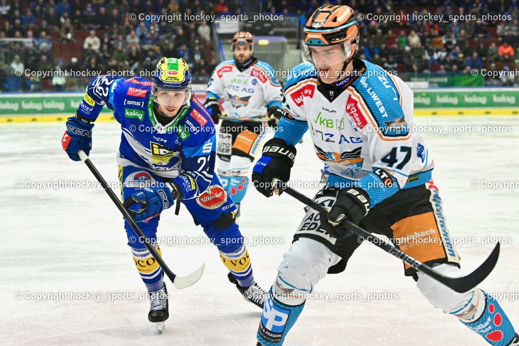 EC IDM Wärmepumpen VSV vs. STEINBACH BLACK WINGS LINZ  | #22 SCHERBAK Nikita EC VSV, #47 Roe Logan BLACK WINGS LINZ, EC IDM Wärmepumpen VSV vs. STEINBACH BLACK WINGS LINZ , EC IDM Wärmepumpen VSV vs. STEINBACH BLACK WINGS LINZ  am 28.01.2025 in Villach (Stadthalle Villach), Austria, (Photo by Bernd Stefan)