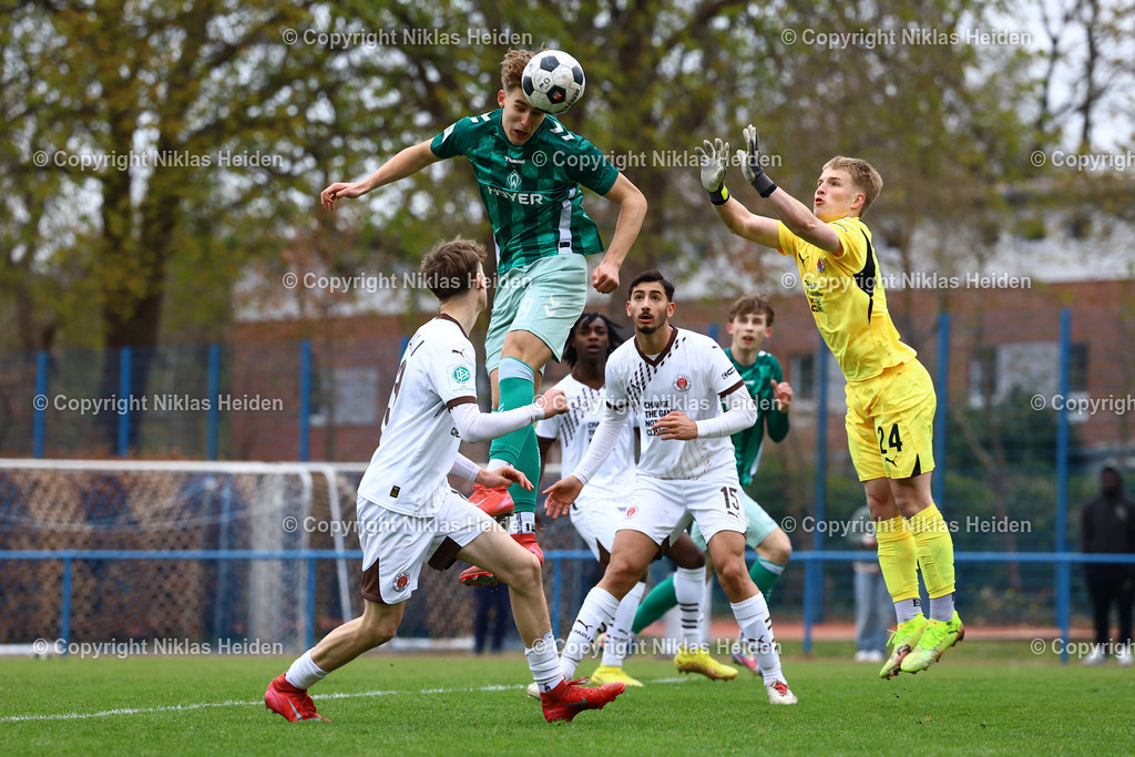 NH_FCStPauliU17_SVWerderBremenU17_U17DFBNachwuchsliga_09042025 | #9 Noah Elias Harms (SV Werder Bremen U17) köpft den Ball zum 3:1 ins Netz.Fußball I Junioren I U17 DFB-Nachwuchsliga I Saison 2024-2025 I Hauptrunde Liga B, Gruppe A, 8. Spieltag I FC St. Pauli U17 - SV Werder Bremen U17 I 09.04.2025 I Sportplatz Königskinderweg
