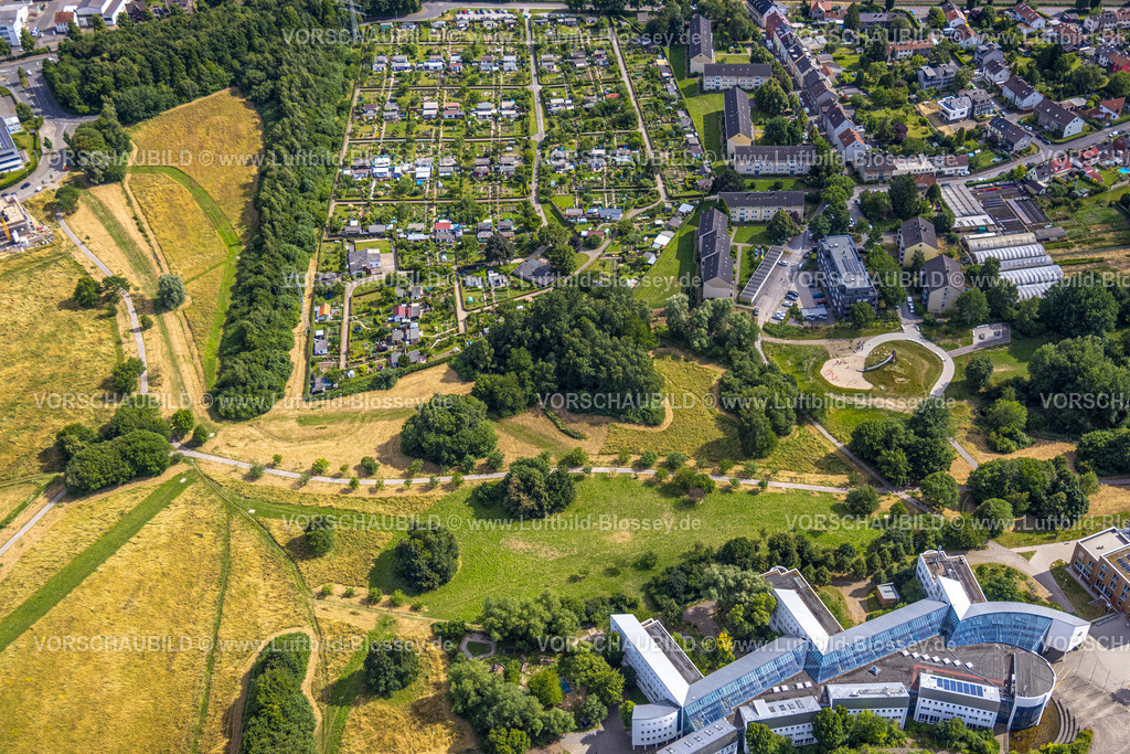Witten230701068 | Luftbild, Pferdebachtal an der Universität Witten/Herdecke, Spielplatz Dirschauer Straße, KGV Gemeinwohl, Annen, Witten, Ruhrgebiet, Nordrhein-Westfalen, Deutschland