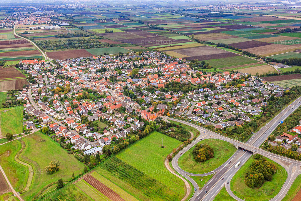 Luftbild: Ortsansicht von Südwesten im Ortsteil Schauernheim in Dannstadt-Schauernheim im Bundesland Rheinland-Pfalz in Deutschland. Foto: IMG_34182.jpg vom 02.10.2010 durch Werner Riehm/FLY-FOTO.deAuflösung des Originals: 4752 x 3168 px
