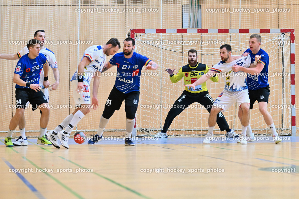 SC Ferlach vs. ALPLA HC Hard 2.3.2024 | #24 JOVANOVIC Mladan SC Ferlach, #81 MILICEVIC Adrian SC Ferlach, #96 KONECNY Micha Martin SC Ferlach, #22 BABIC Dejan HC Hard, #8 KNAPP Simon SC Ferlach, SC Ferlach vs. ALPLA HC Hard 2.3.2024, SC Ferlach vs. ALPLA HC Hard am 02.03.2024 in Ferlach (Ballspielhalle Ferlach), Austria, (Photo by Bernd Stefan)