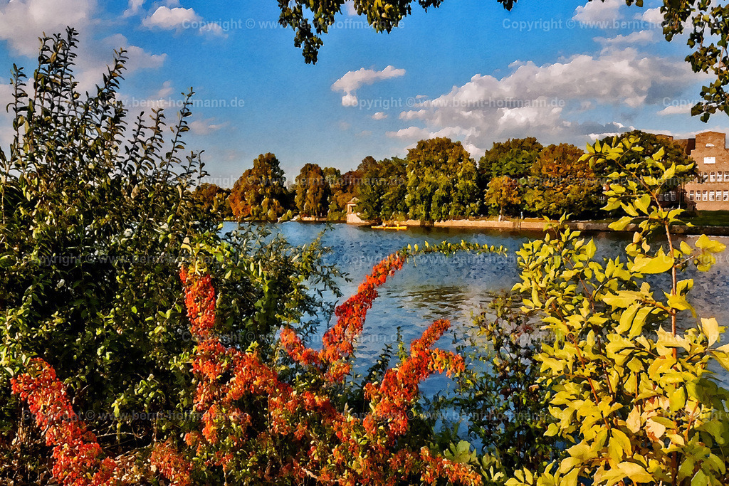 PDM2_3257_HH-Alster_150x100 | DIGITALKUNST. Hamburg. Alster im Herbst. Buntes Laub vor blau-weißem Himmel. Blick auf Winterhude (Alster-Pavillon und rechts = Winterhuder Kai 15) - Realisiert mit Pictrs.com
