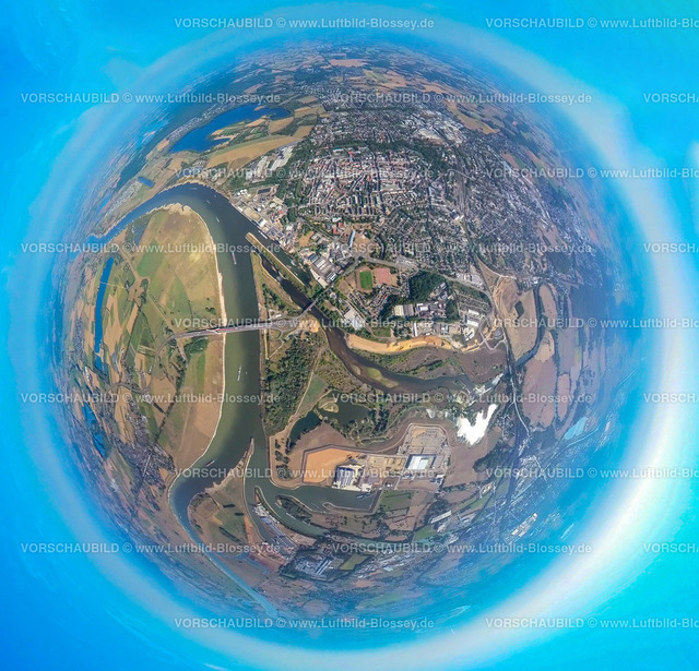 Wesel20220823LippeRhein1 | Luftbild, City, Lippemündung in de Fluss Rhein, Fisheye Aufnahme, Fischaugen Aufnahme, 360 Grad Aufnahme, Wesel, Ruhrgebiet, Nordrhein-Westfalen, Deutschland