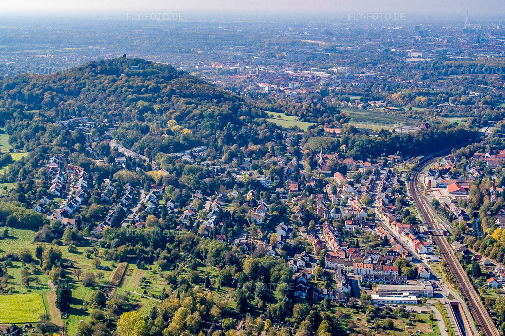 Luftbild: Turmberg von Osten im Ortsteil Grötzingen in Karlsruhe im Bundesland Baden-Württemberg in Deutschland. Foto: IMG_8572.jpg vom 14.10.2007 durch Werner Riehm/FLY-FOTO.de