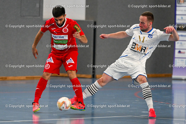 AUT, Futsal 1. FC Diamant vs Stella Rossa | 26.03.2023, Sporthauptschule Linz-Kleinmuenchen, AUT, Futsal, 1. FC Diamant vs Stella Rossa, im Bild Adis Muhamedagic (Diamant) vs Ali Abd Al Rahman Osman (Stella Rossa)